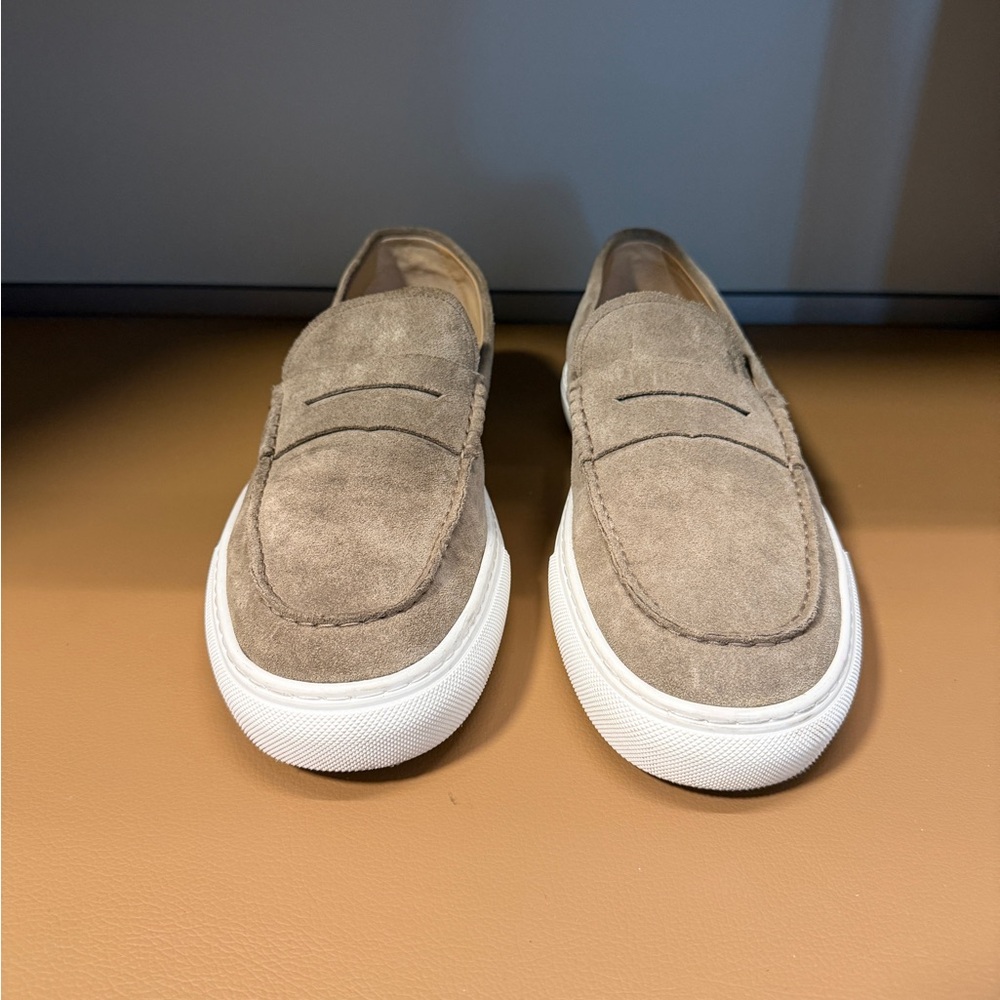 Tod's Taupe Suede Penny Loafers with White Rubber Sole